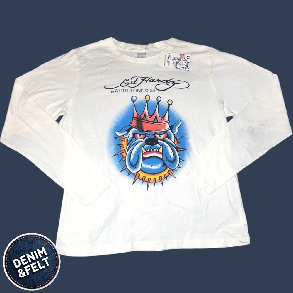 Ed‎ Hardy Teens/Kids/Unisex White King Bulldog Long Sleeve T-Shirt | NEW/NWT!!